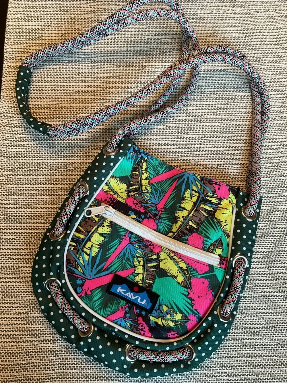 Kavu Tropical Print Crossbody in Green, Pink & Yellow